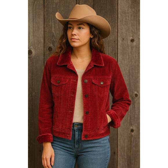 J. Jill Jacket M Cherry Red Wide Wale Corduroy Crush Velvet Collar Cuffs Waist - Picture 1 of 13